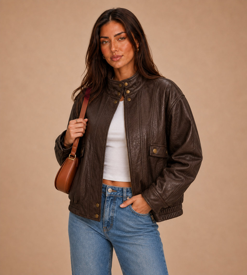Marlowe Textured Faux Leather Bomber Jacket - Brown