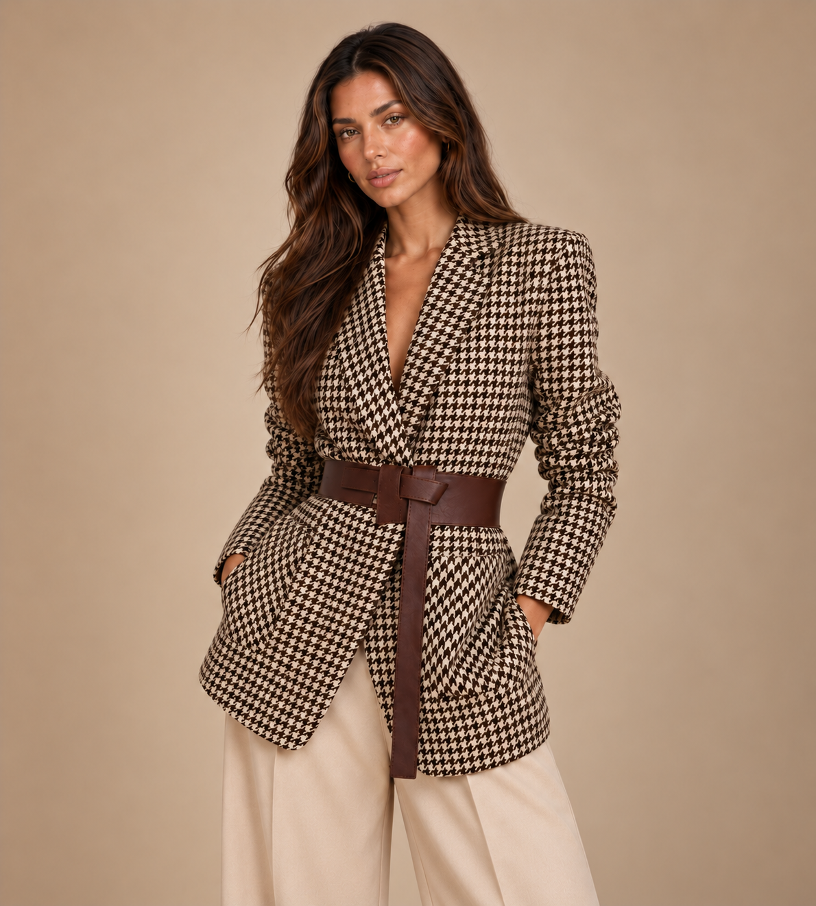 Vivienne Brown Houndstooth Belted Blazer
