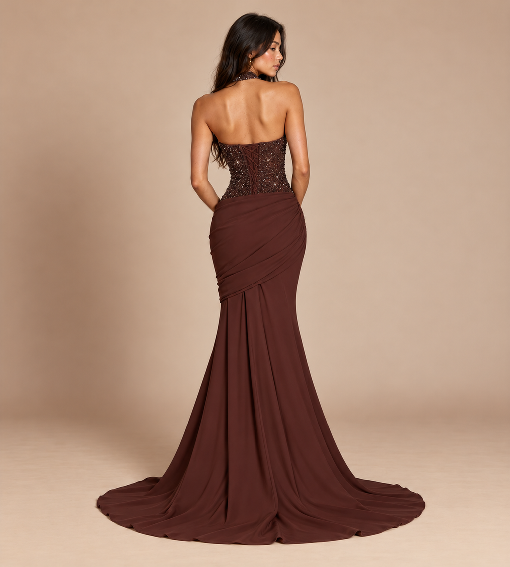 Valentina Chocolate Brown Sequin Halter Mermaid Maxi Dress