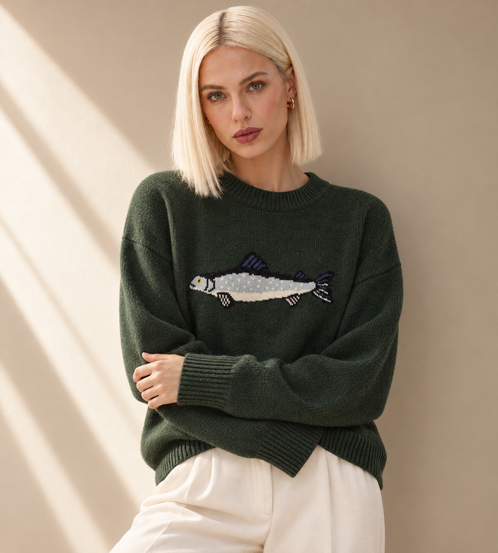 Dark Green Fish Graphic Knit Sweater