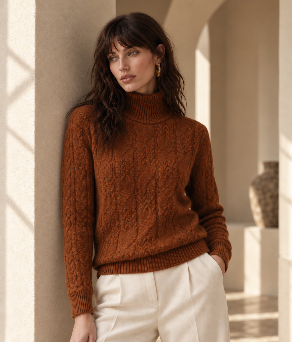 Elise Brown Cable Knit Cashmere Blend Sweater