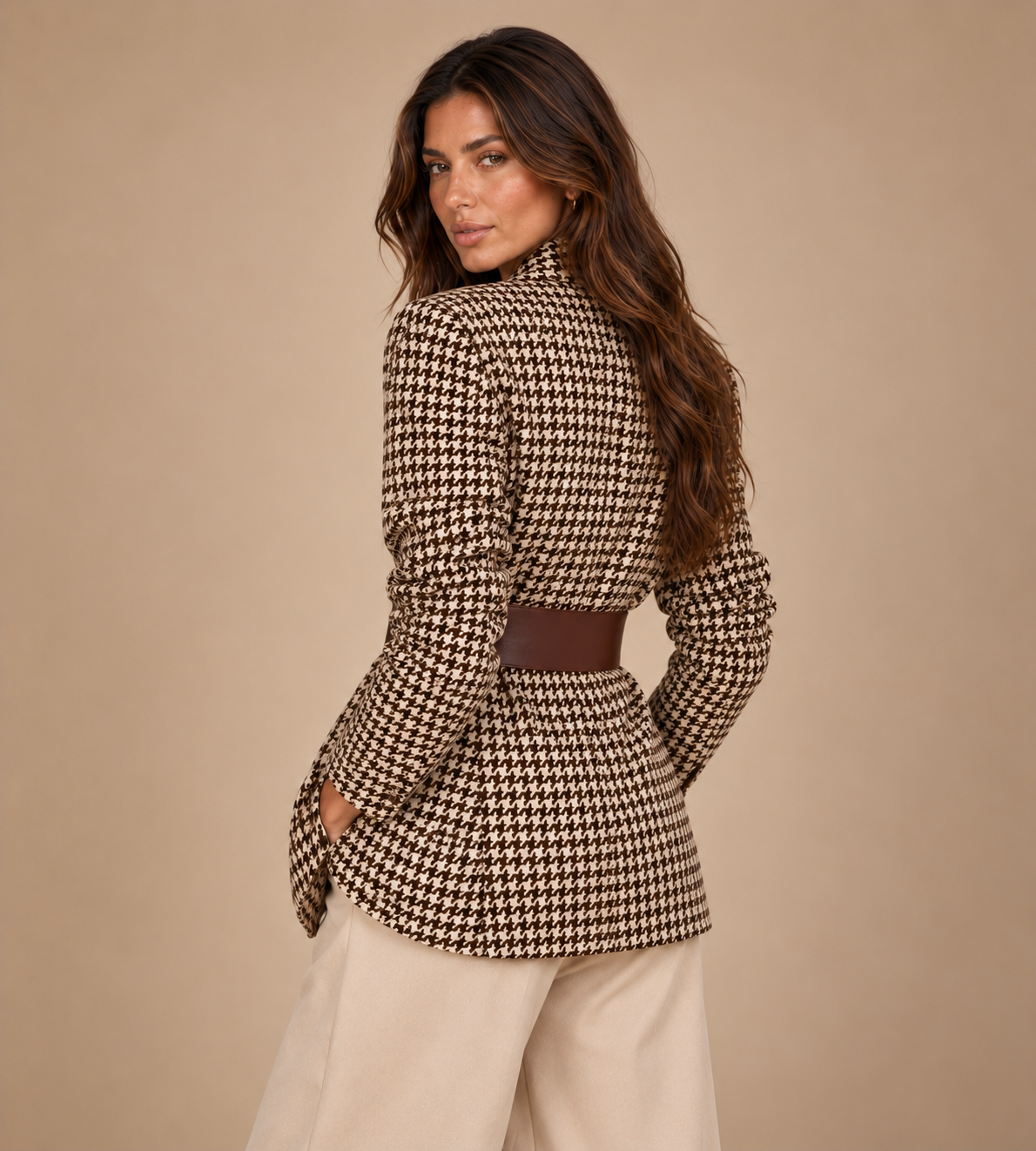 Vivienne Brown Houndstooth Belted Blazer
