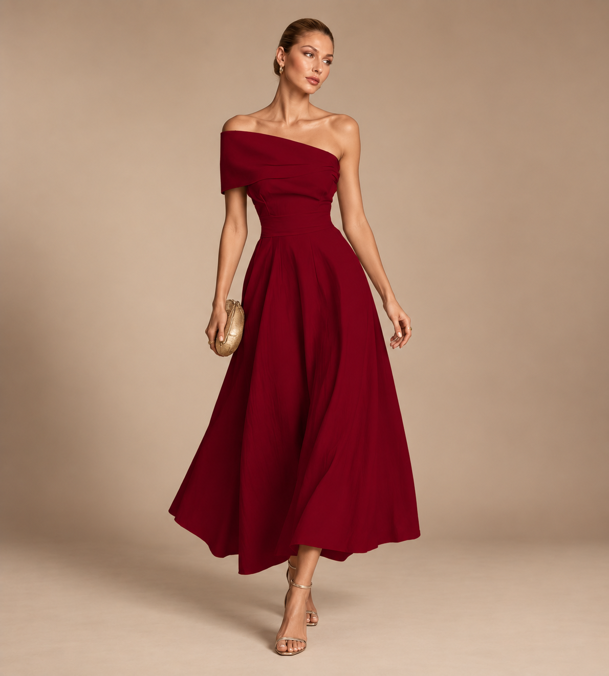 Solene Burgundy Off-Shoulder Midi Dress