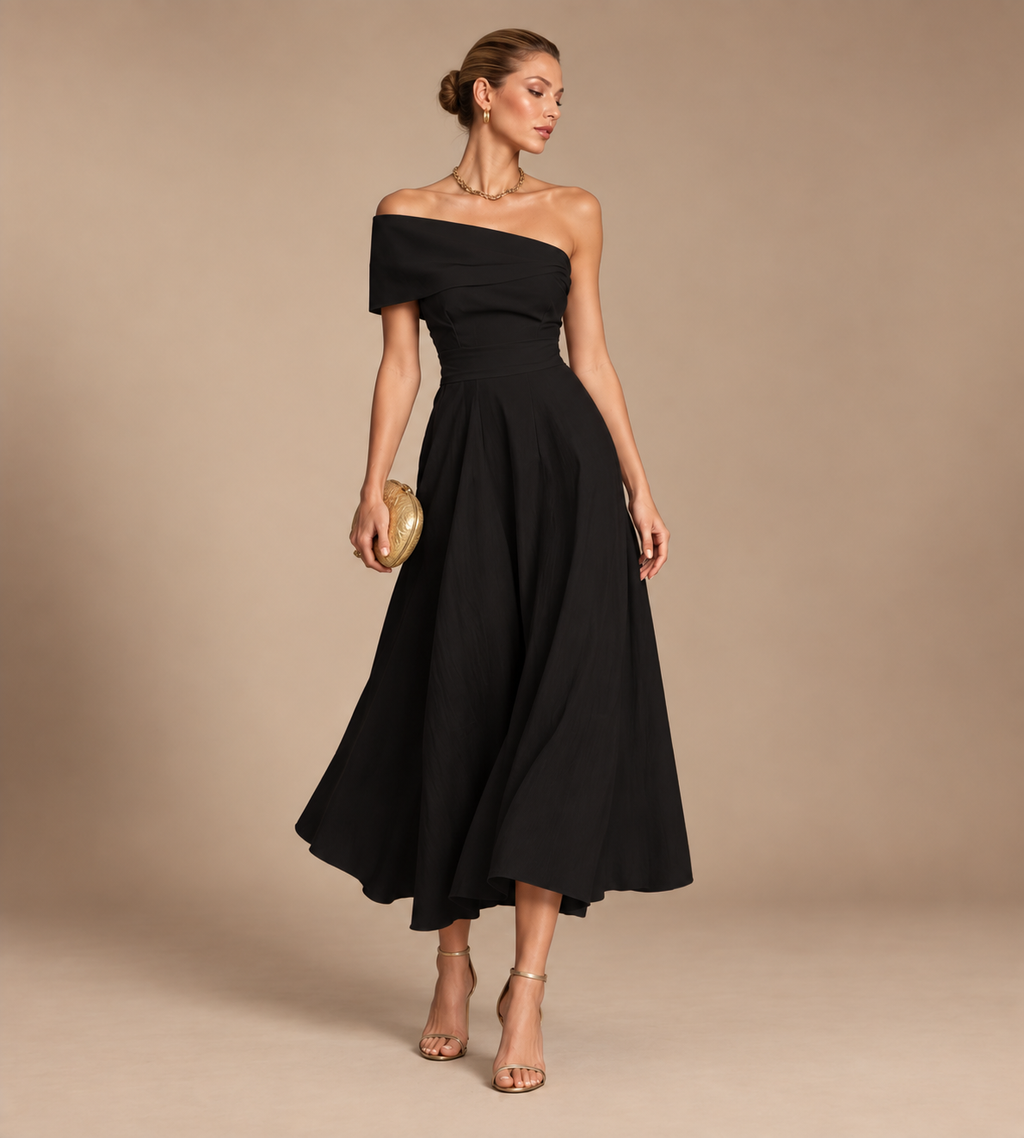 Solene Black Off-Shoulder Midi Dress
