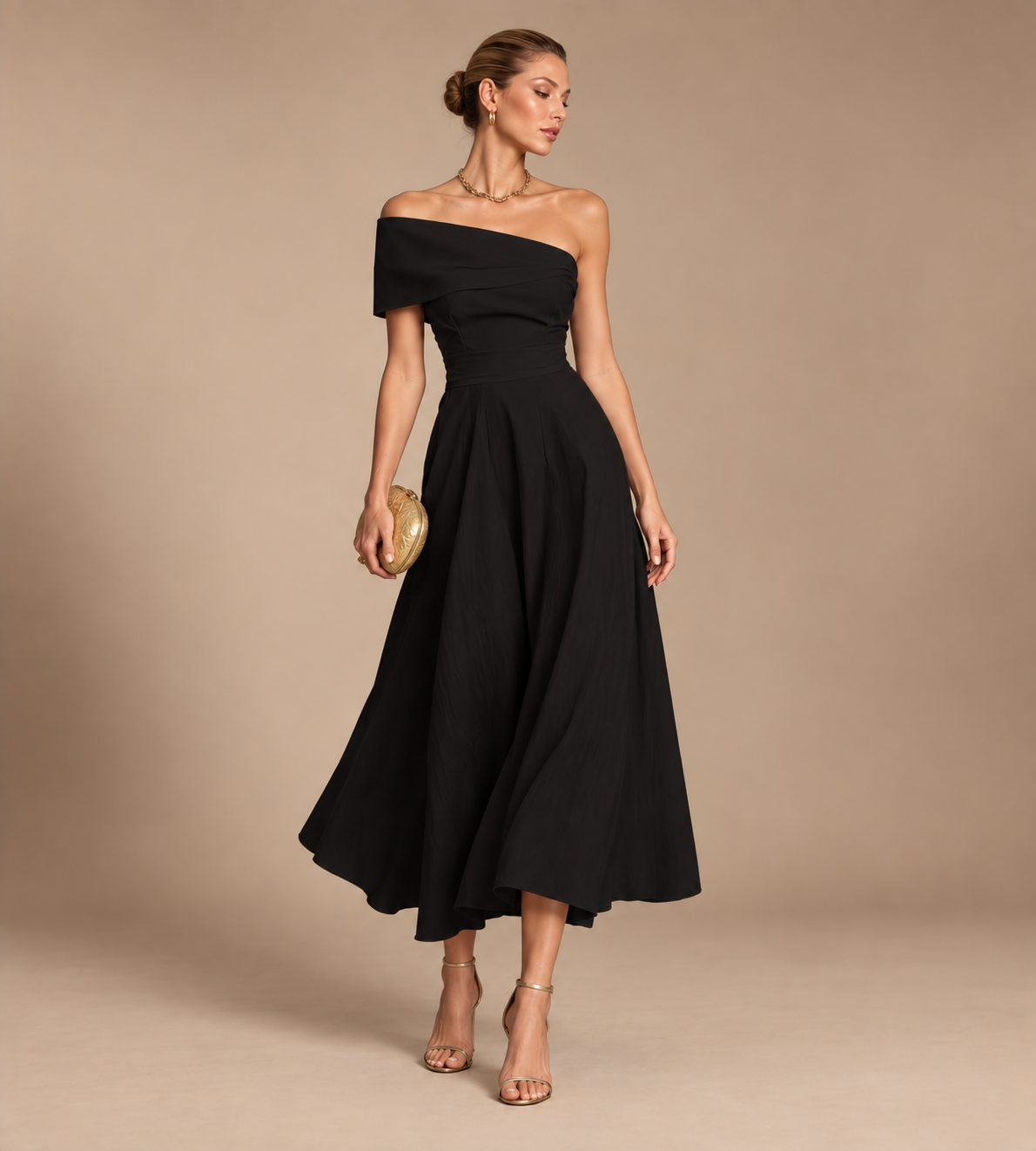 Solene Black Off-Shoulder Midi Dress