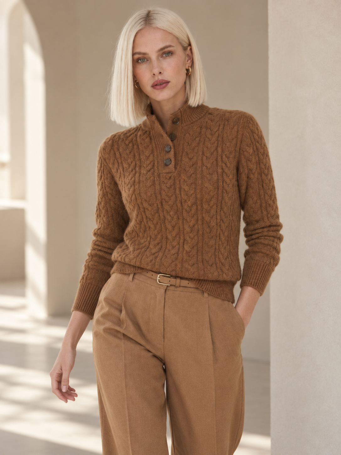 Rowan Brown Cable Knit Cashmere Sweater