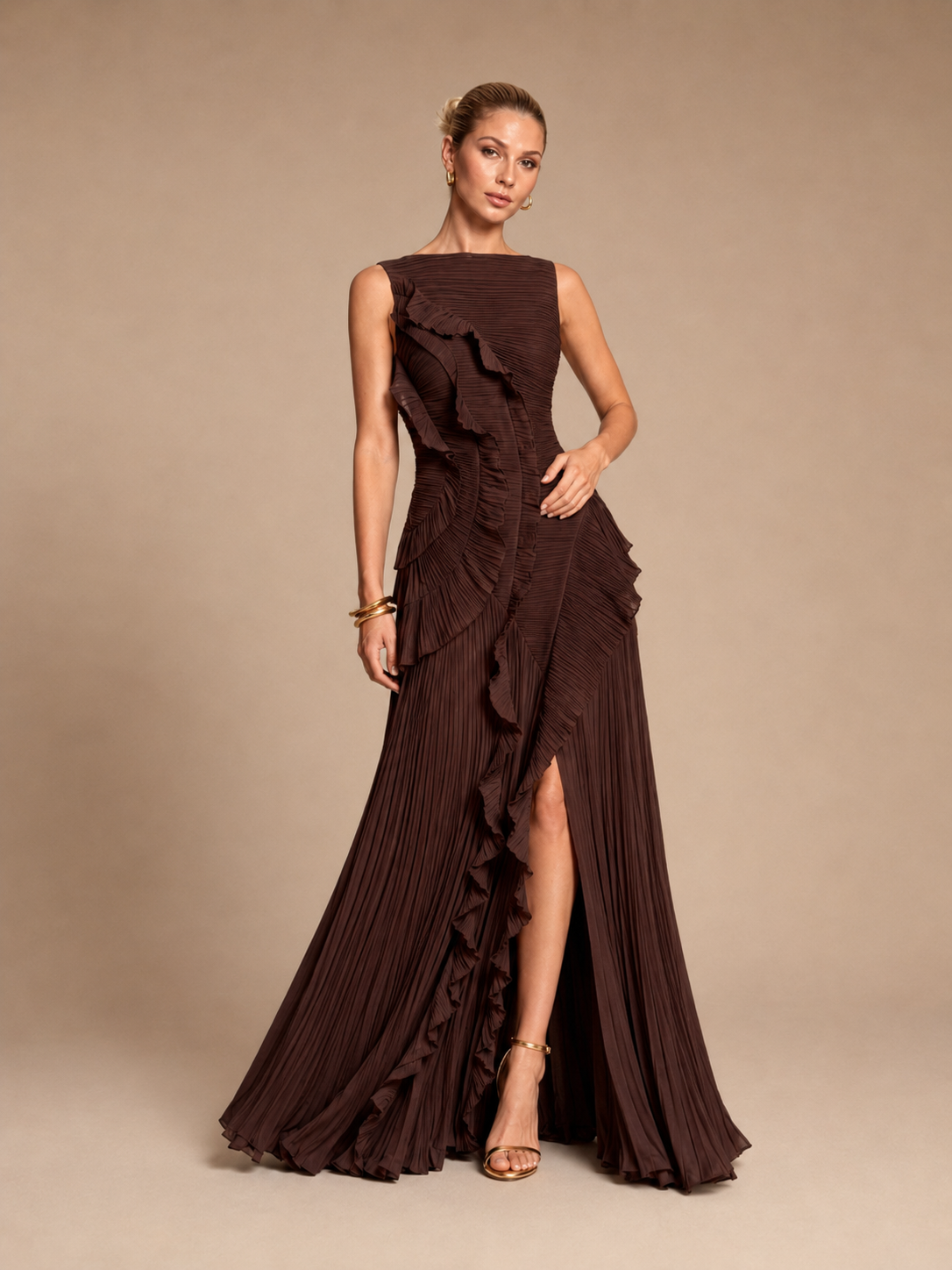 Marielle Pleated Ruffle Slit Maxi Dress