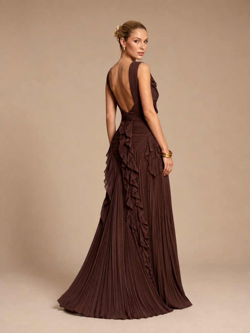 Marielle Pleated Ruffle Slit Maxi Dress