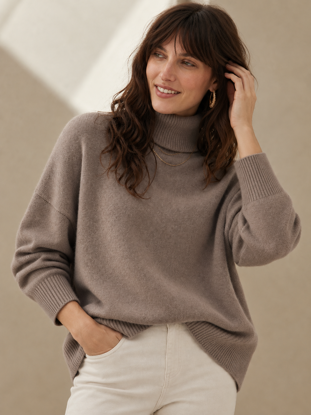 Elodie Taupe Cashmere Blend Turtleneck Sweater