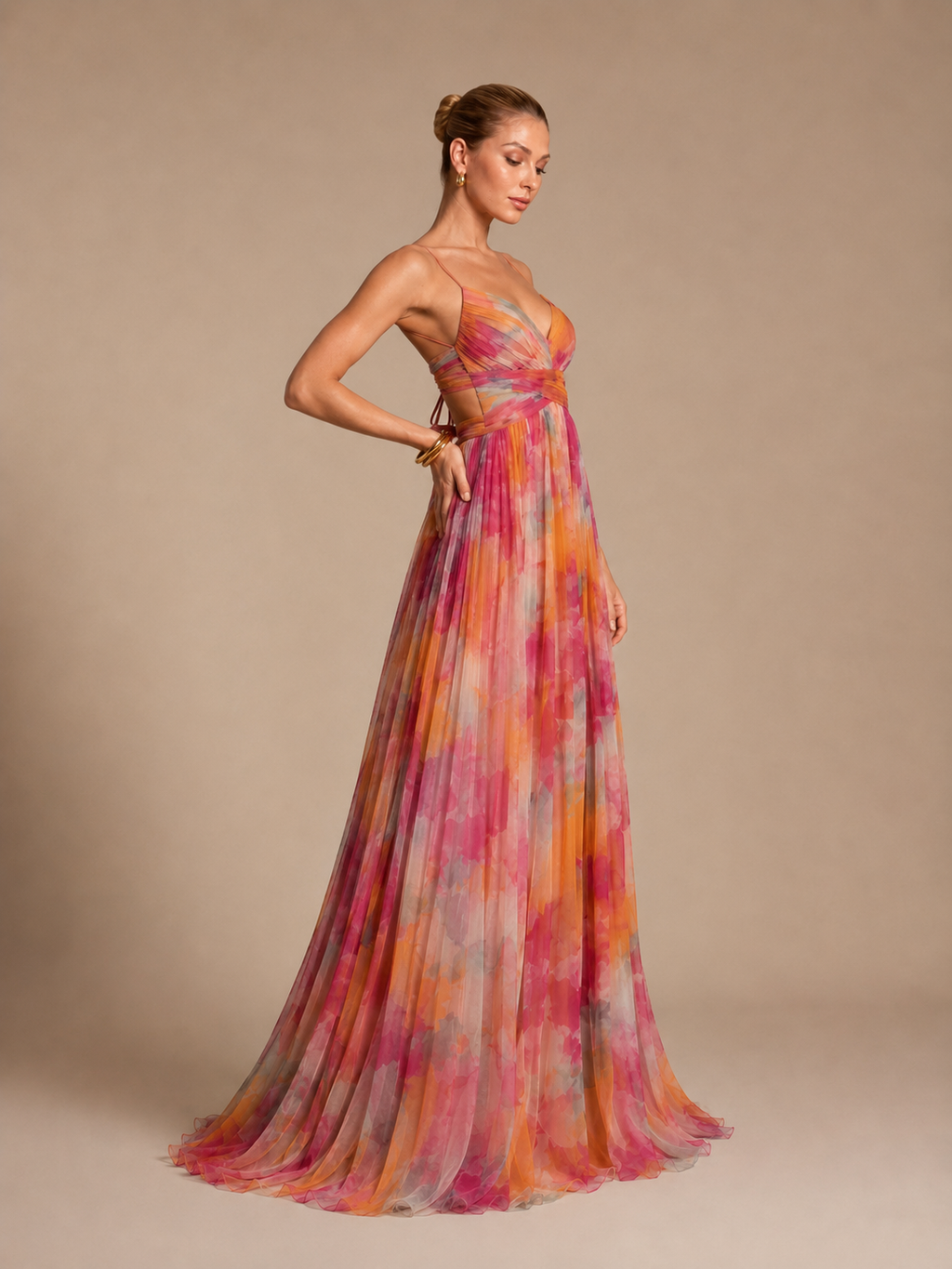 Aurelia Pink Orange Floral Chiffon Maxi Dress