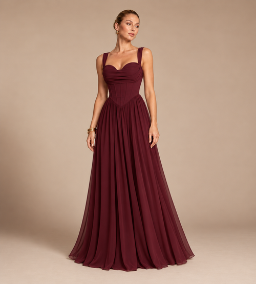 Aurelia Square Neck Corset Chiffon Maxi Dress - Burgundy