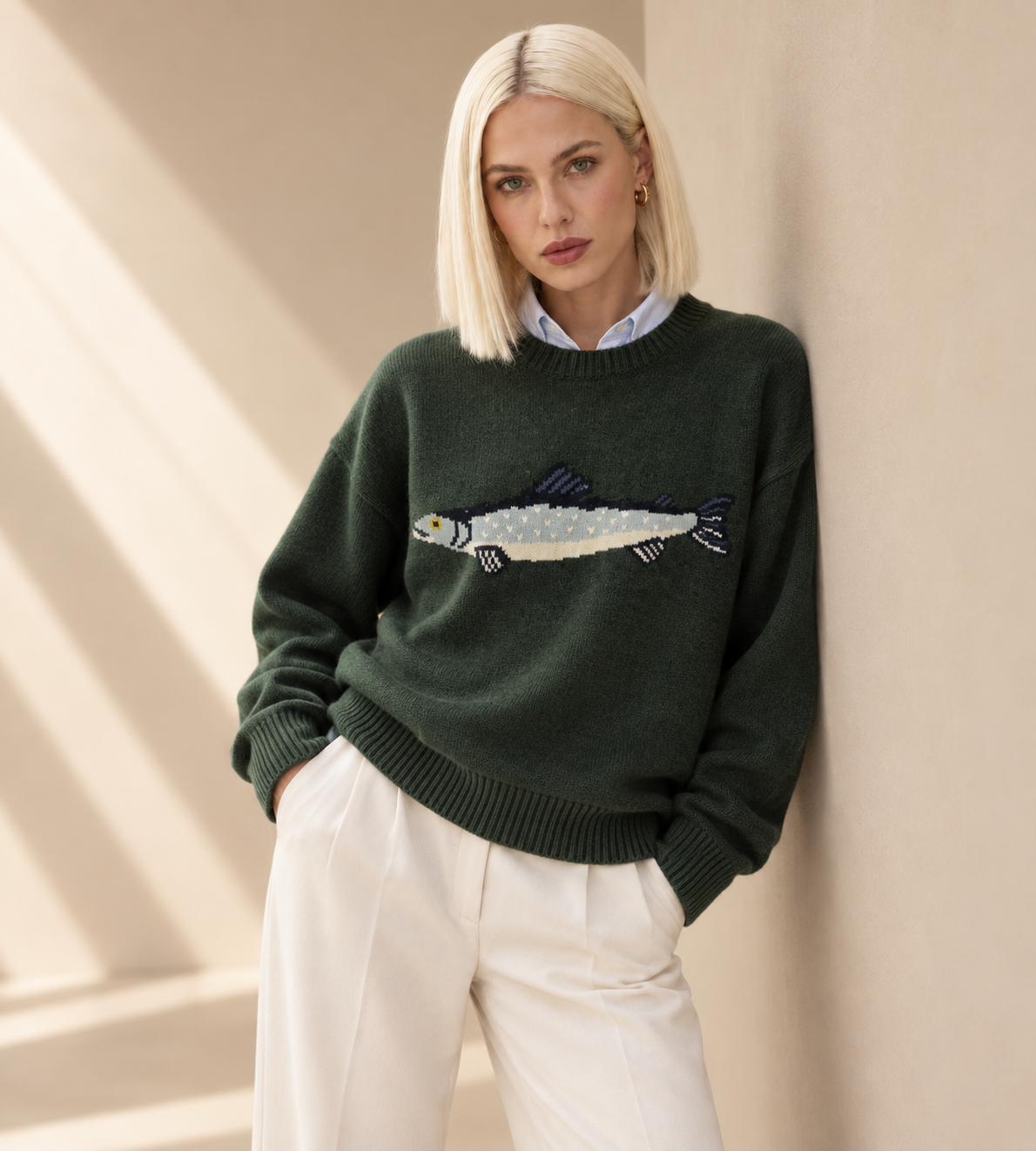 Dark Green Fish Graphic Knit Sweater