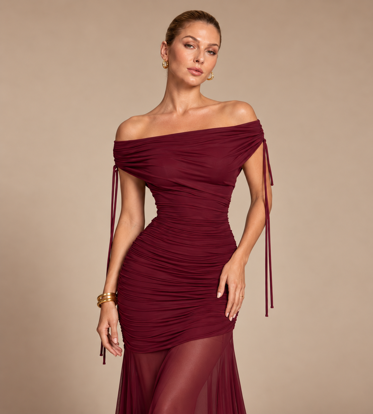 Valeria Off Shoulder Ruched Mesh Maxi Dress - Burgundy