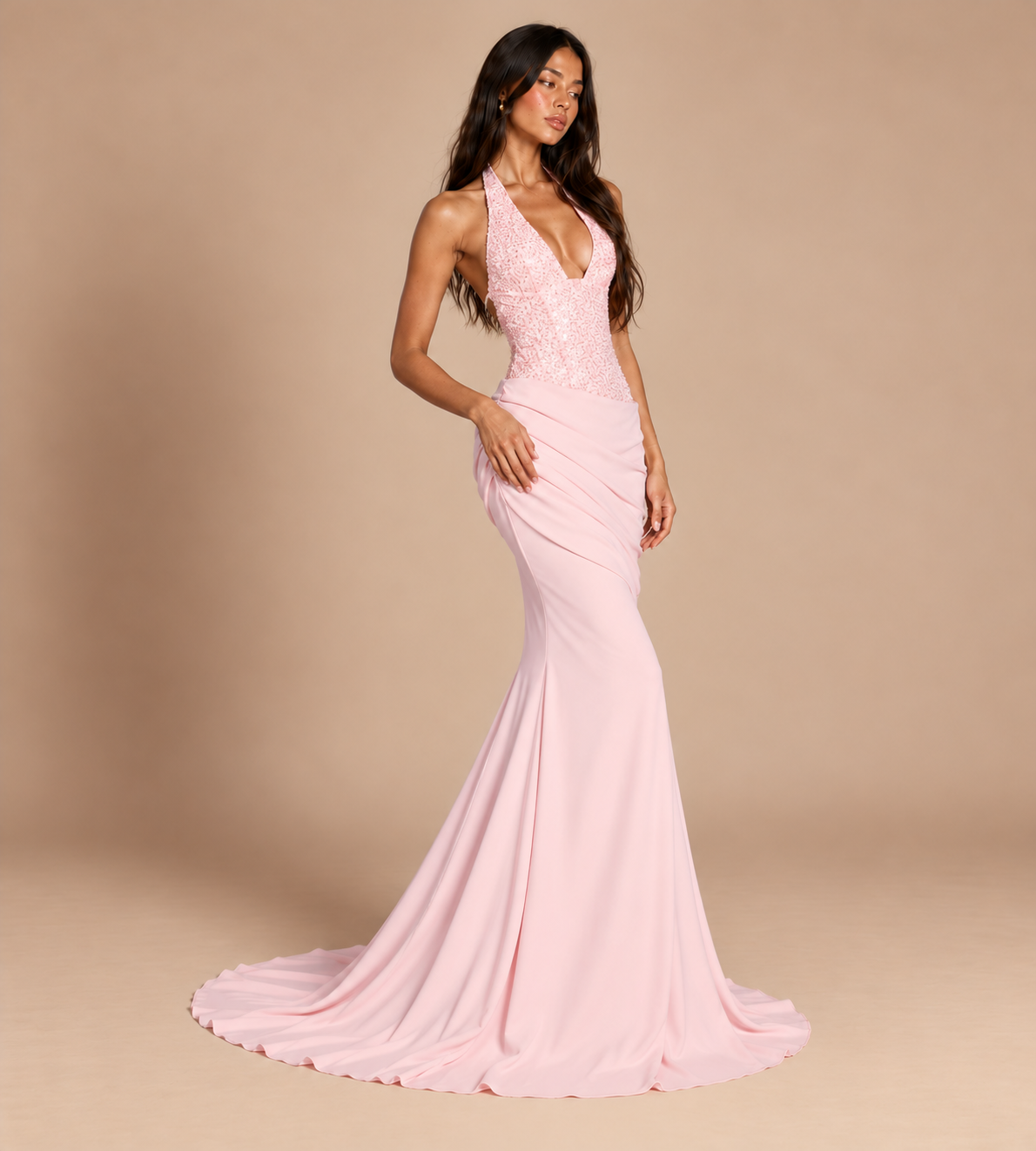 Valentina Blush Pink Sequin Halter Mermaid Maxi Dress