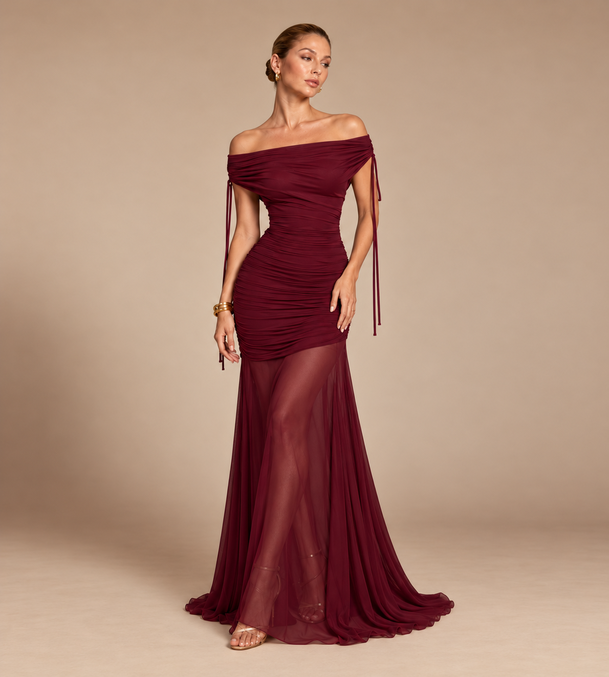 Valeria Off Shoulder Ruched Mesh Maxi Dress - Burgundy