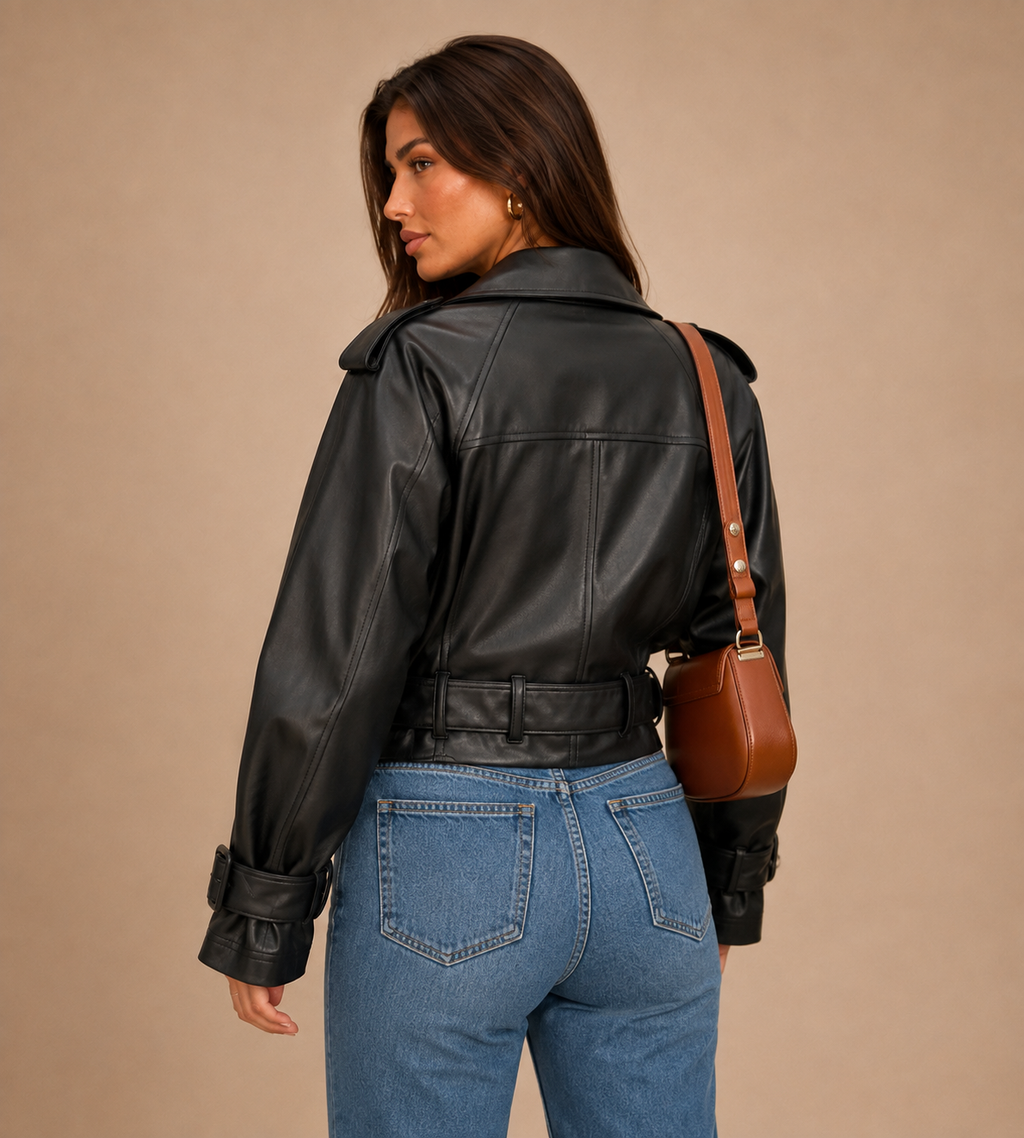 Sloane Black Belted Faux Leather Trench Jacket