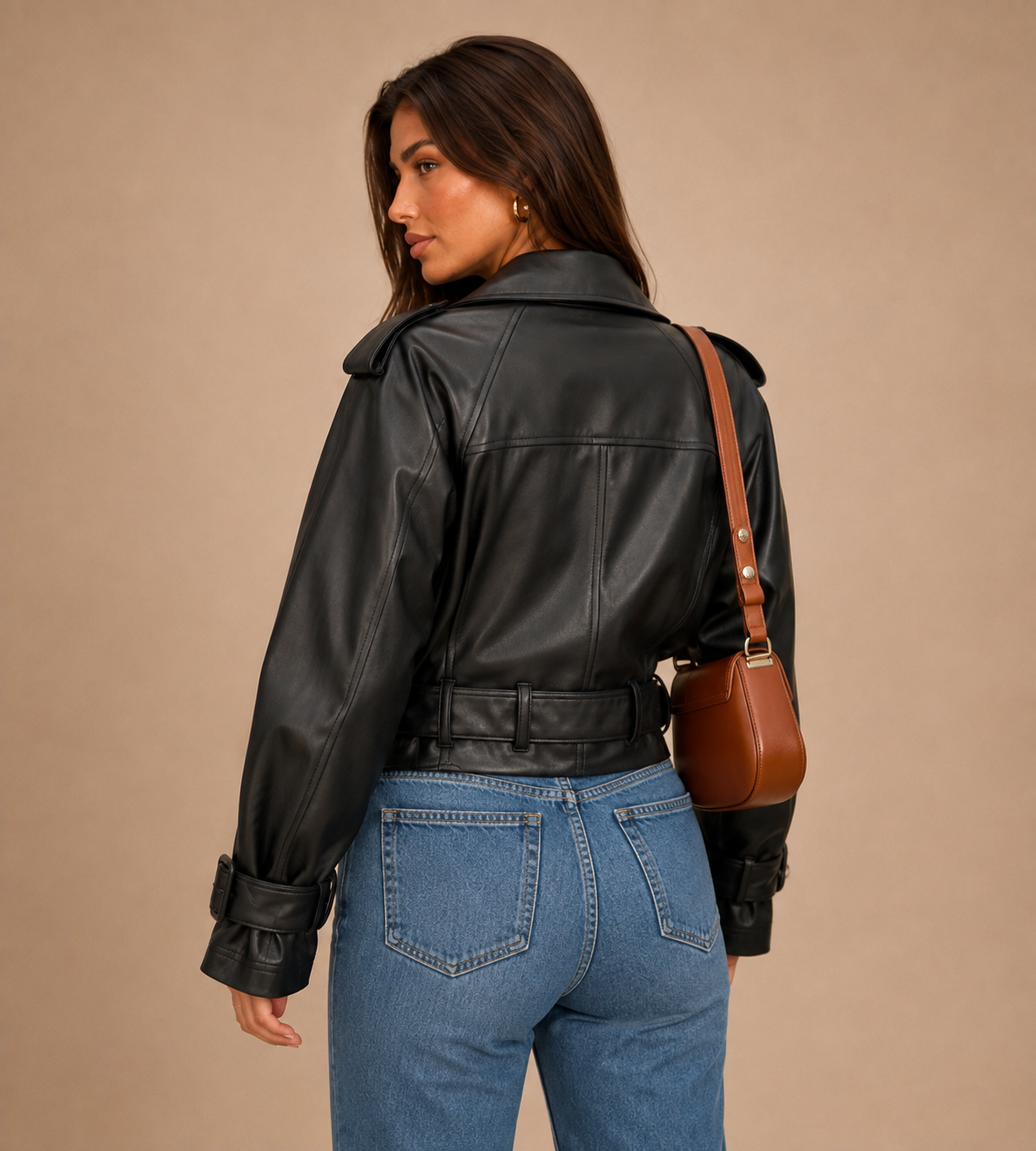 Sloane Black Belted Faux Leather Trench Jacket