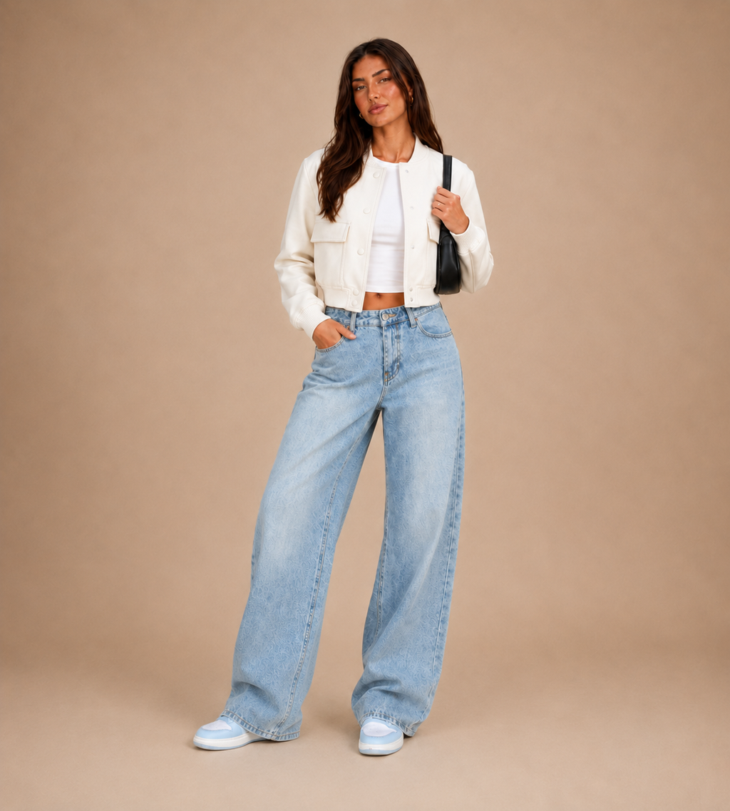 Aveline Ivory Cropped Bomber Jacket
