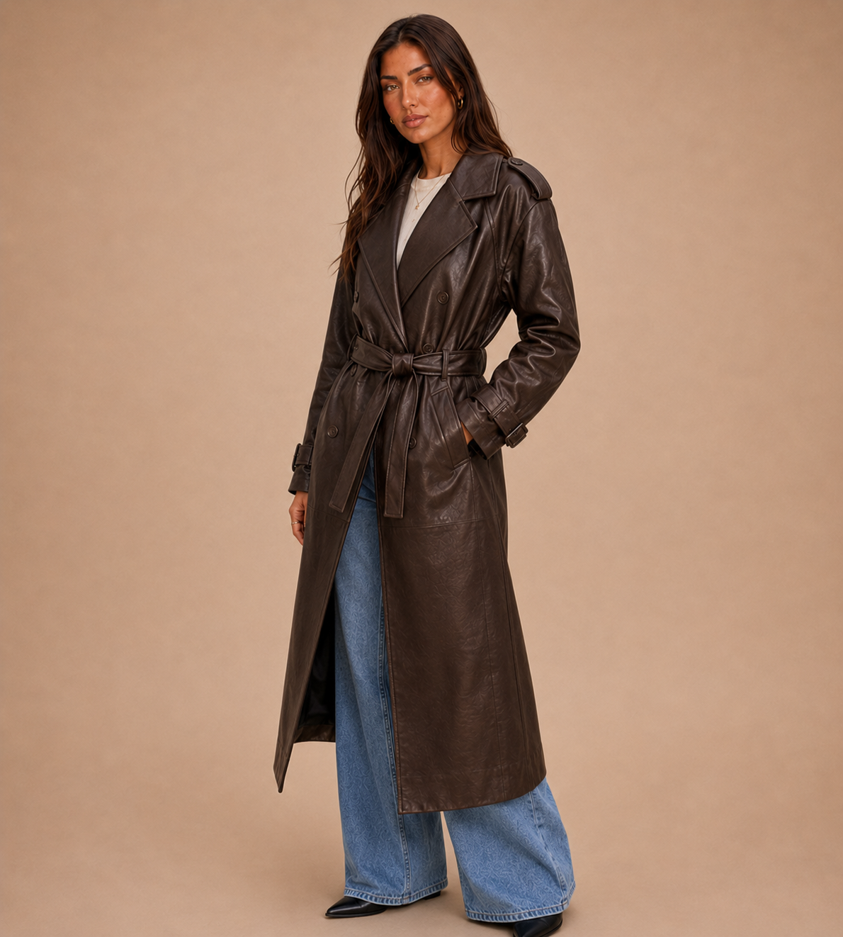 Elowen Chocolate Brown Belted Faux Leather Trench Coat
