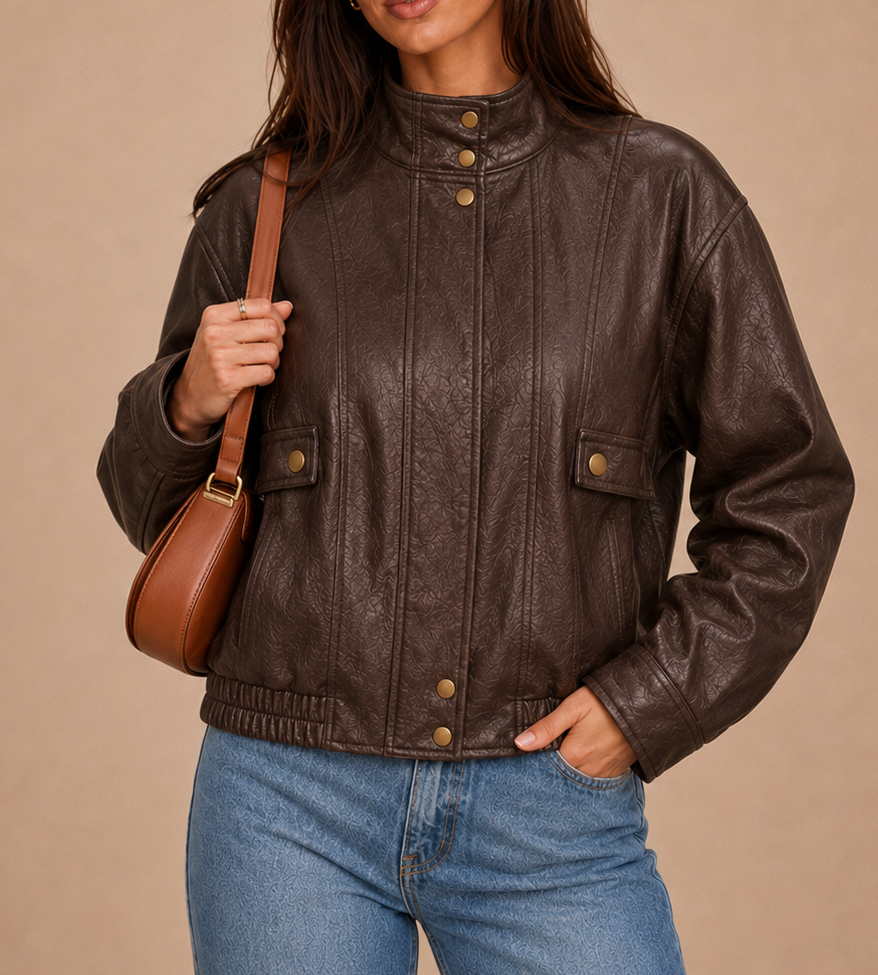 Marlowe Textured Faux Leather Bomber Jacket - Brown