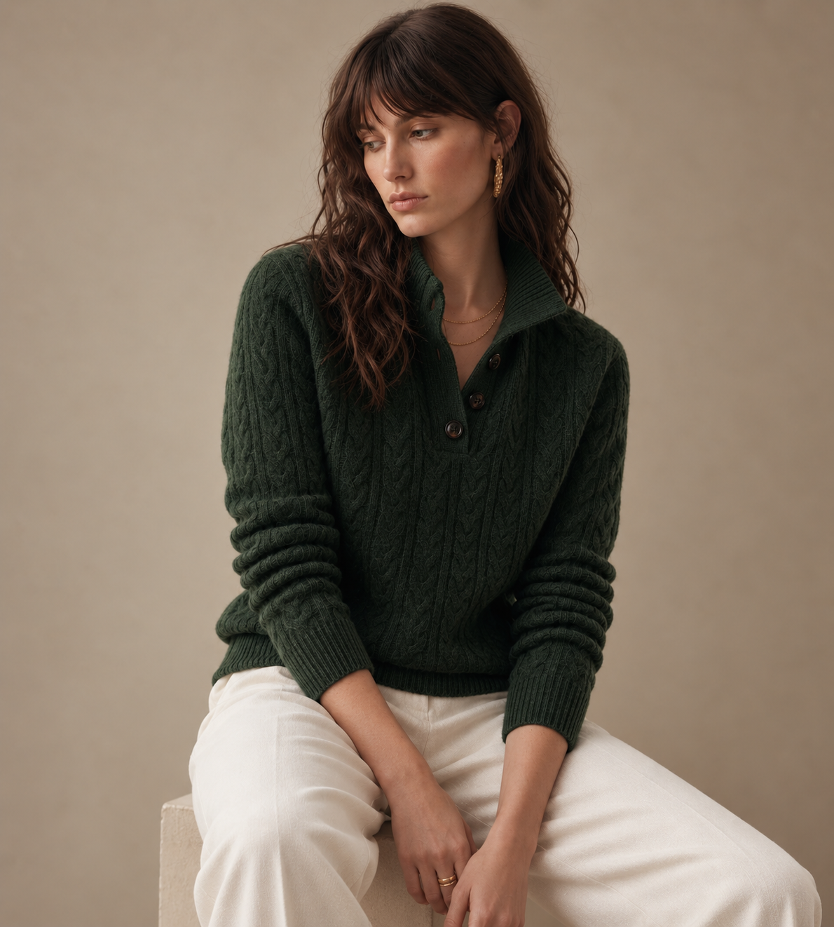 Rowan Green Cable Knit Cashmere Sweater