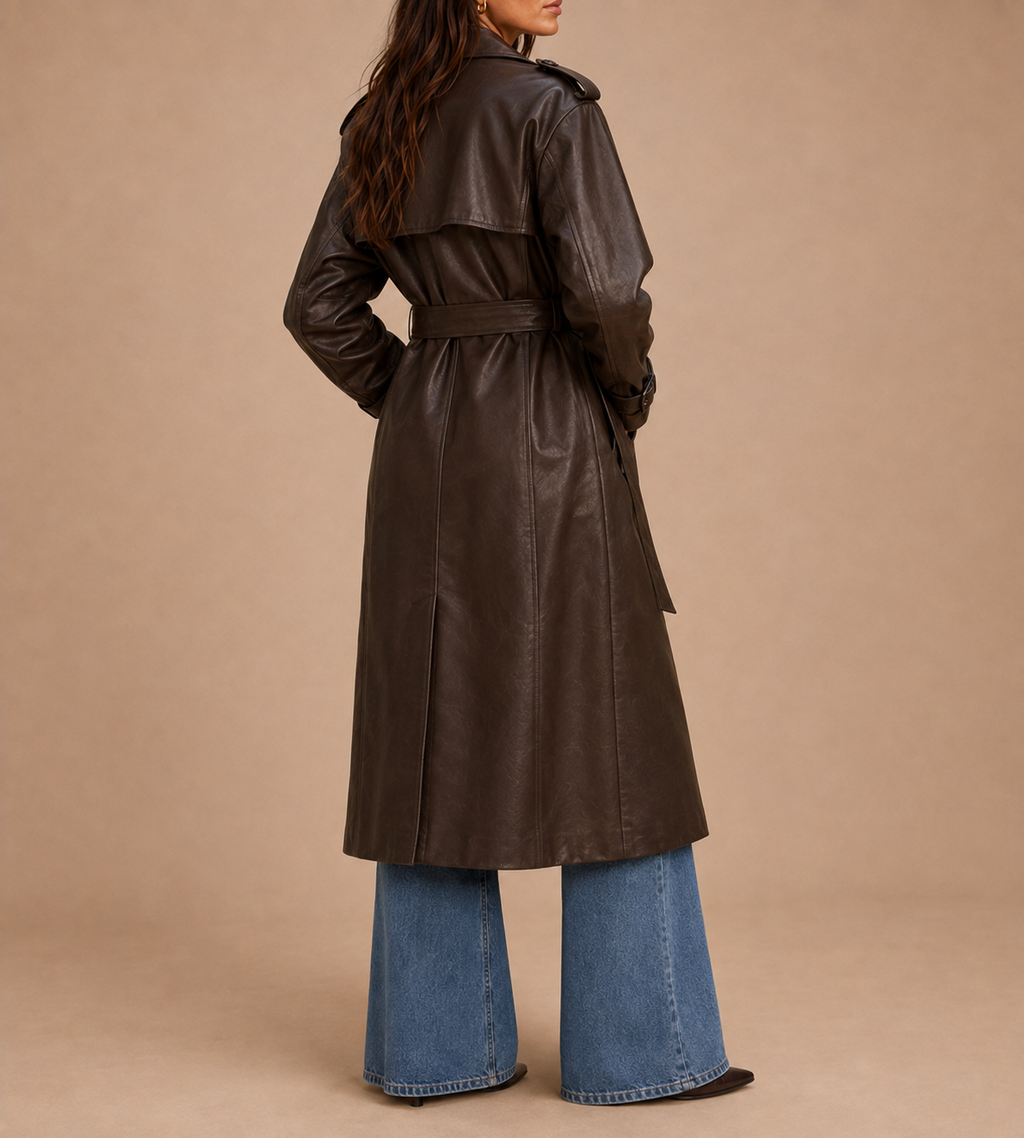 Elowen Chocolate Brown Belted Faux Leather Trench Coat