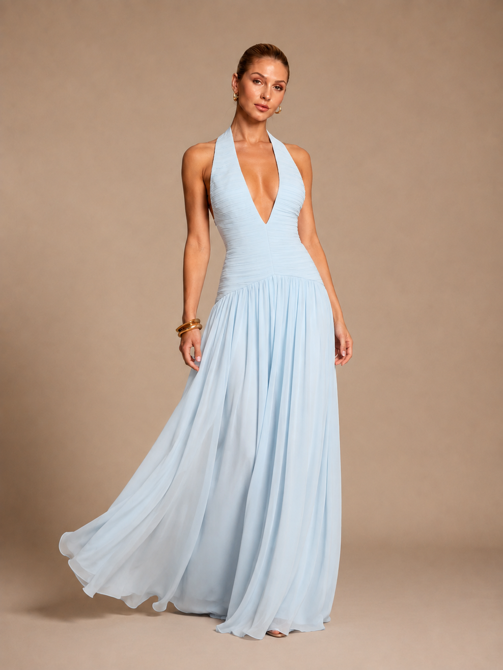 Seraphina Light Blue Ruched Halter Maxi Dress
