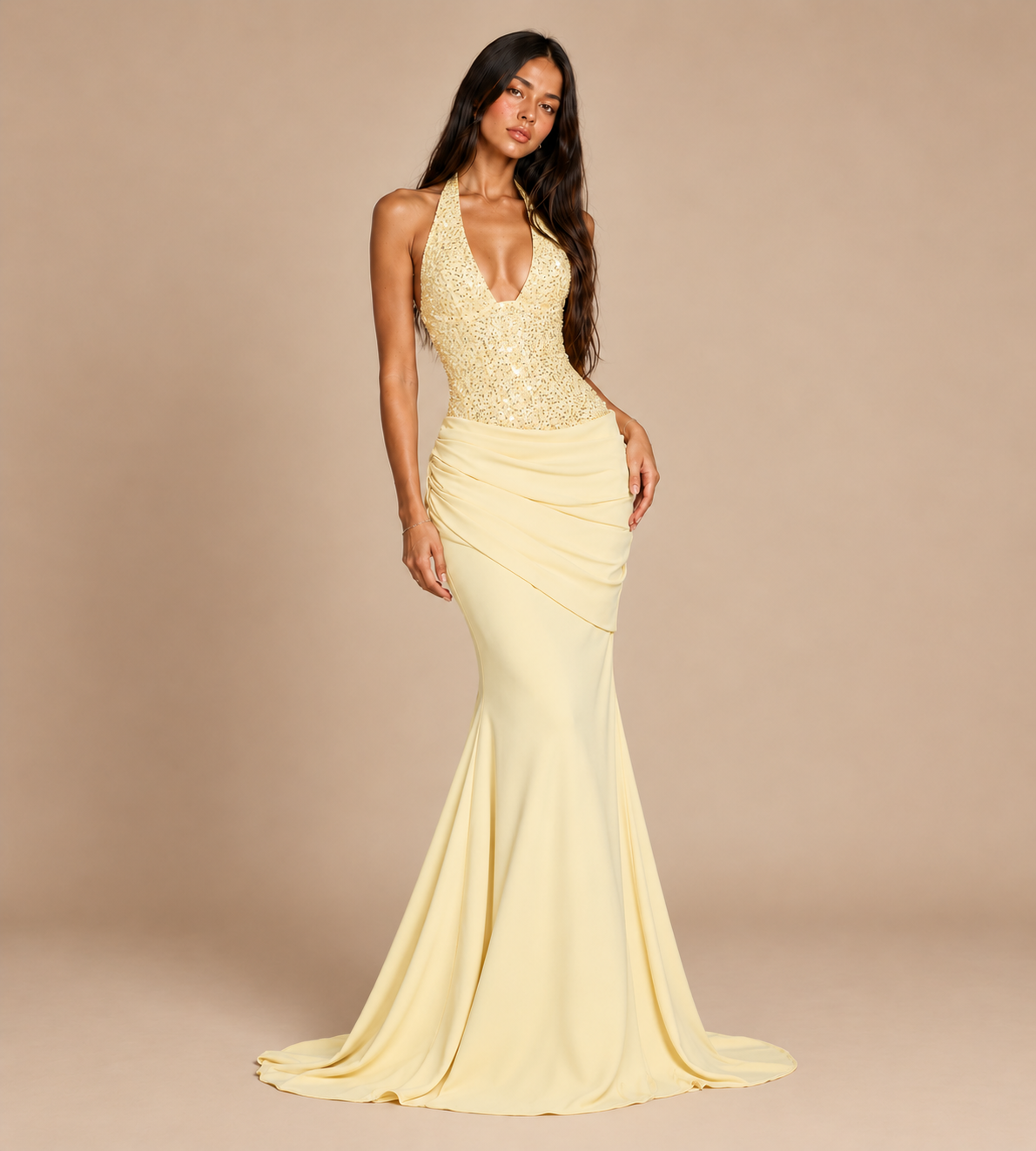 Valentina Butter Yellow Sequin Halter Mermaid Maxi Dress