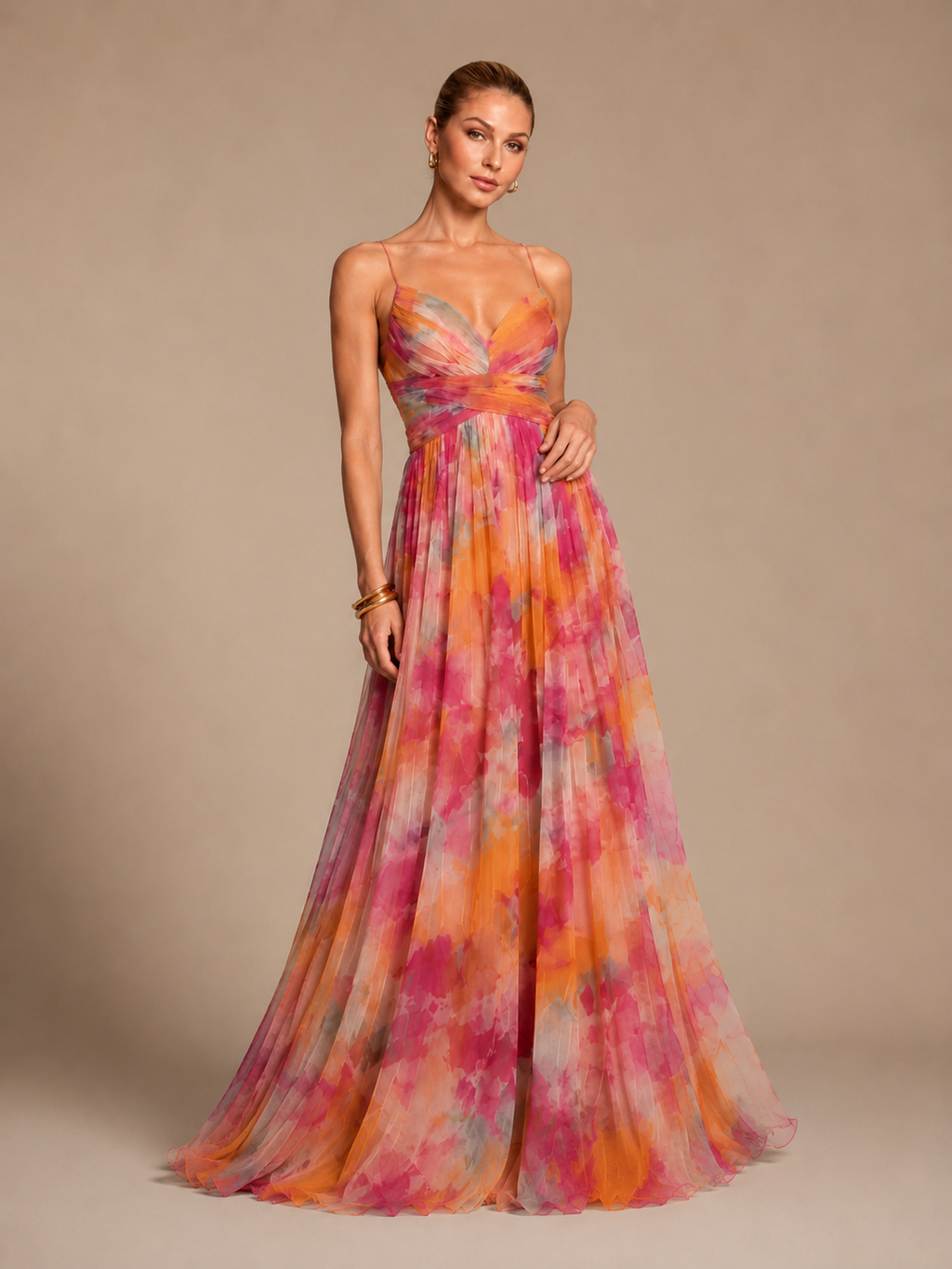 Aurelia Pink Orange Floral Chiffon Maxi Dress