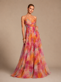 Aurelia Pink Orange Floral Chiffon Maxi Dress