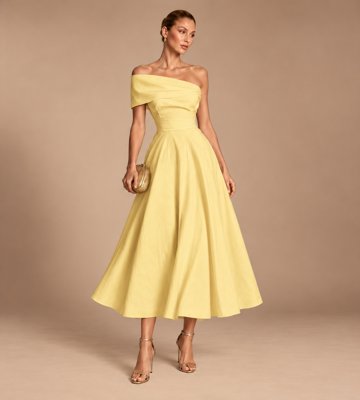 Solene Butter Yellow Off-Shoulder Midi Dress