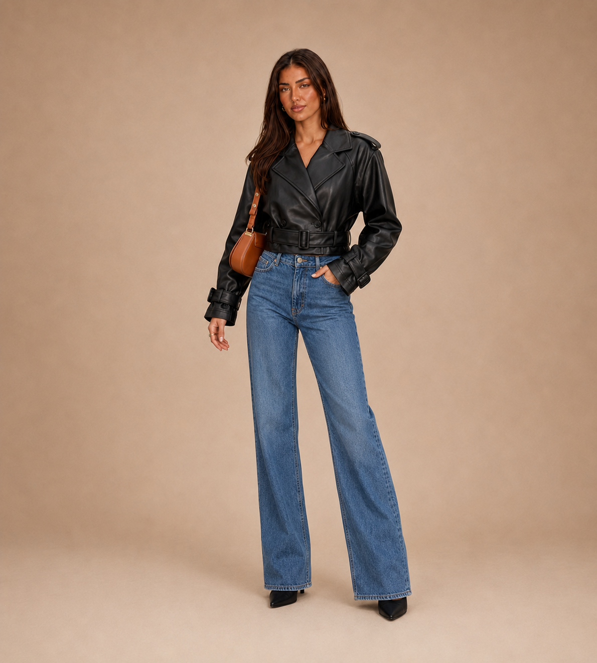 Sloane Black Belted Faux Leather Trench Jacket
