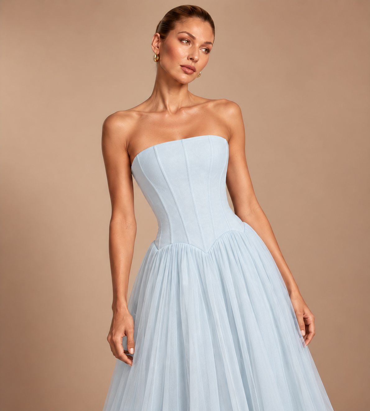 Seraphina Strapless Corset Tulle Maxi Dress - Light Blue