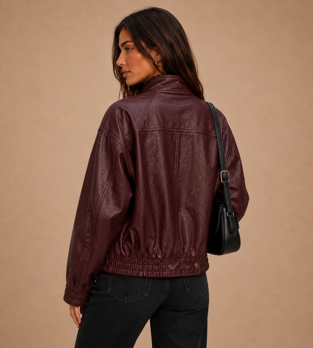 Marlowe Textured Faux Leather Bomber Jacket - Burgundy