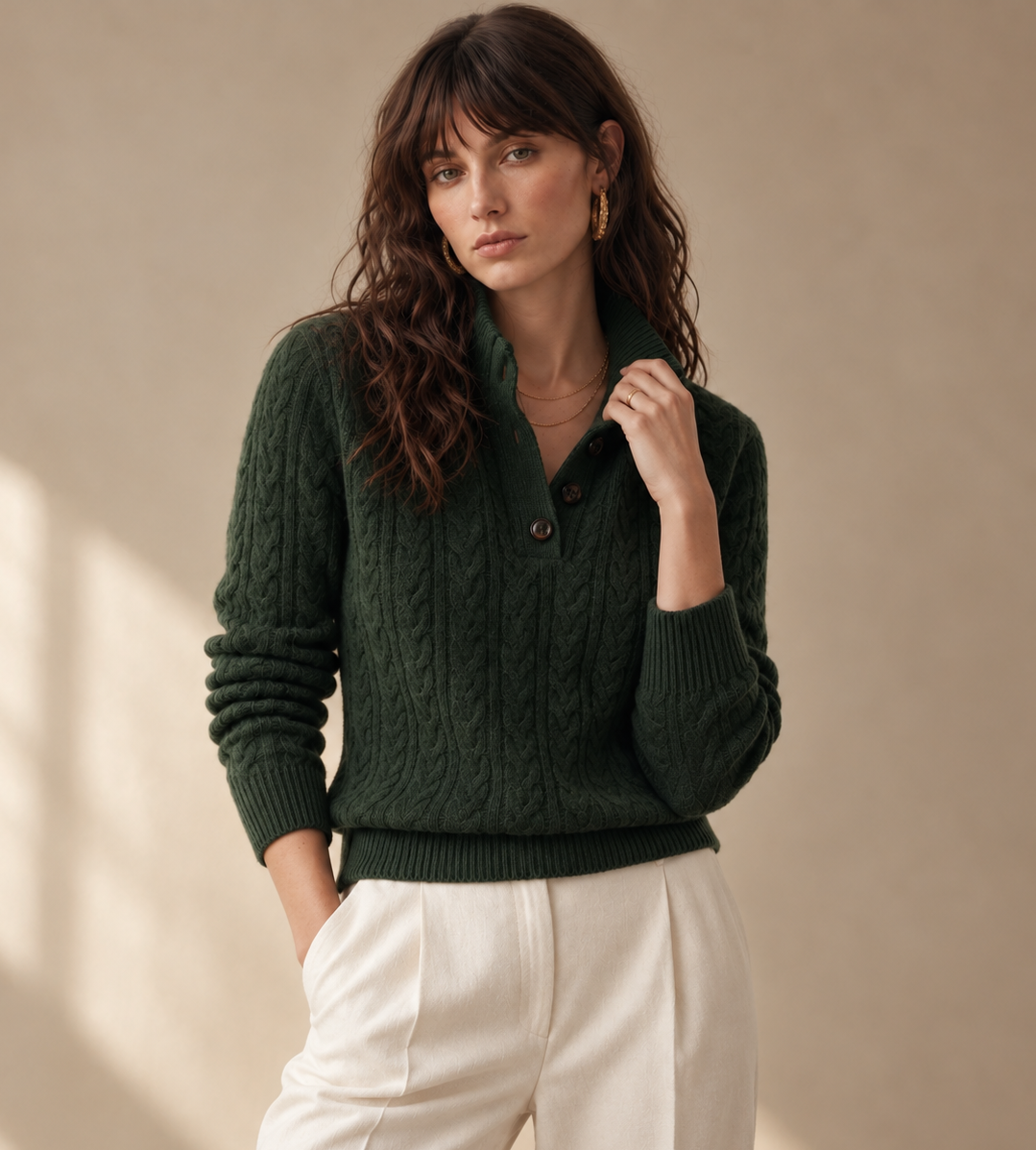 Rowan Green Cable Knit Cashmere Sweater
