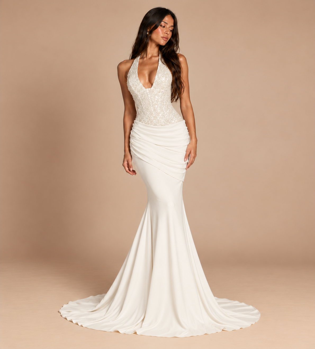 Valentina Ivory Sequin Halter Mermaid Maxi Dress