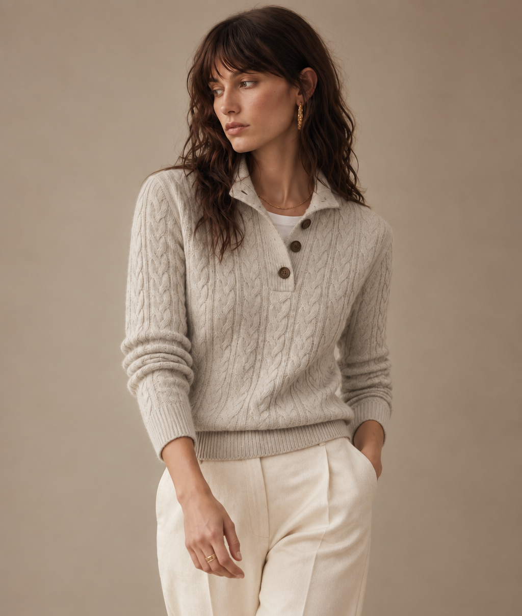 Rowan Light Grey Cable Knit Cashmere Sweater