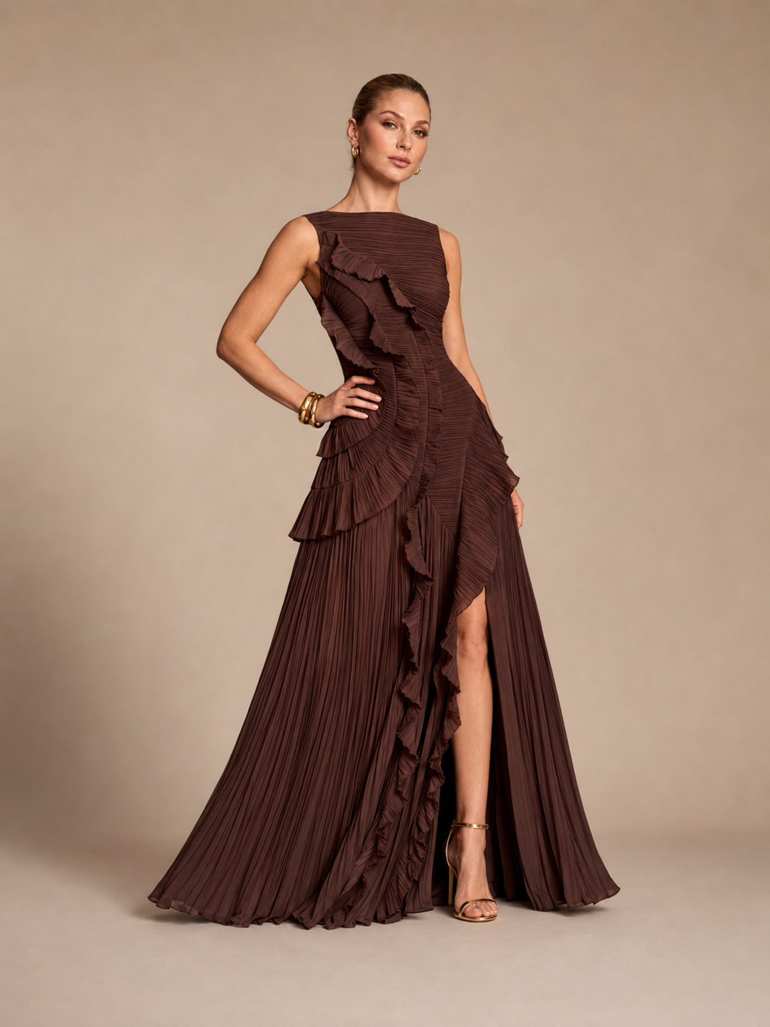 Marielle Pleated Ruffle Slit Maxi Dress
