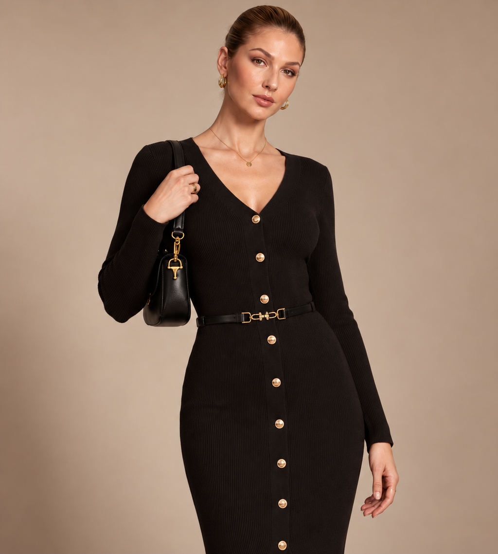 Isolde Black Ribbed Button-Front Midi Dress
