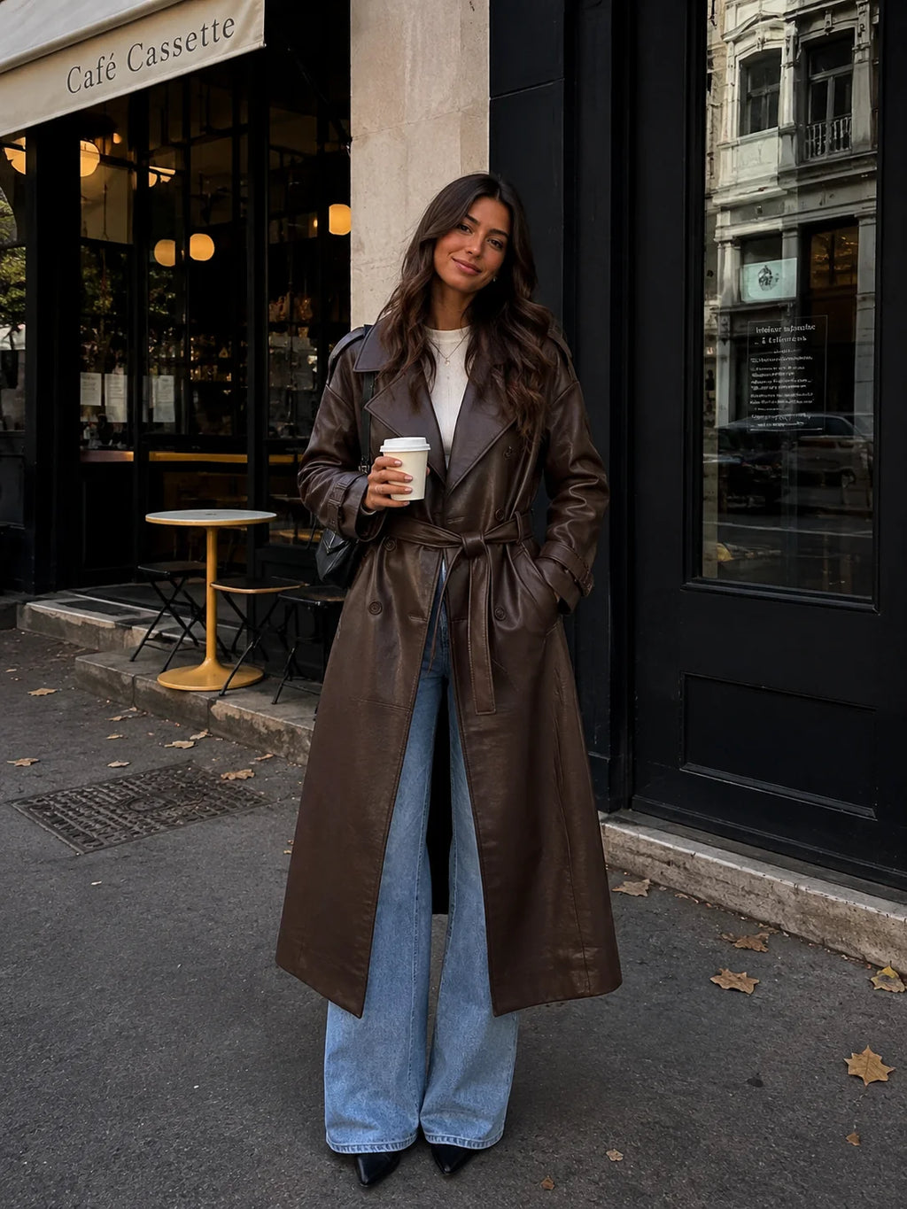 Elowen Chocolate Brown Belted Faux Leather Trench Coat