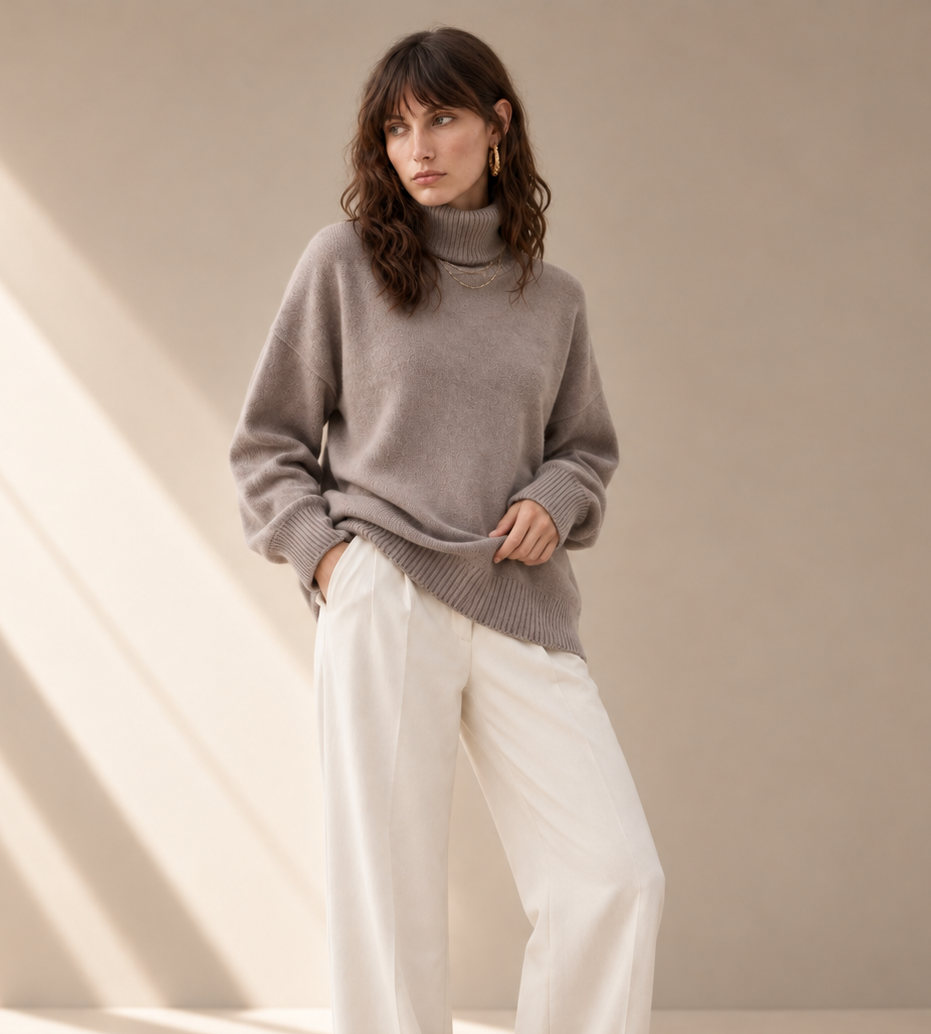 Elodie Taupe Cashmere Blend Turtleneck Sweater