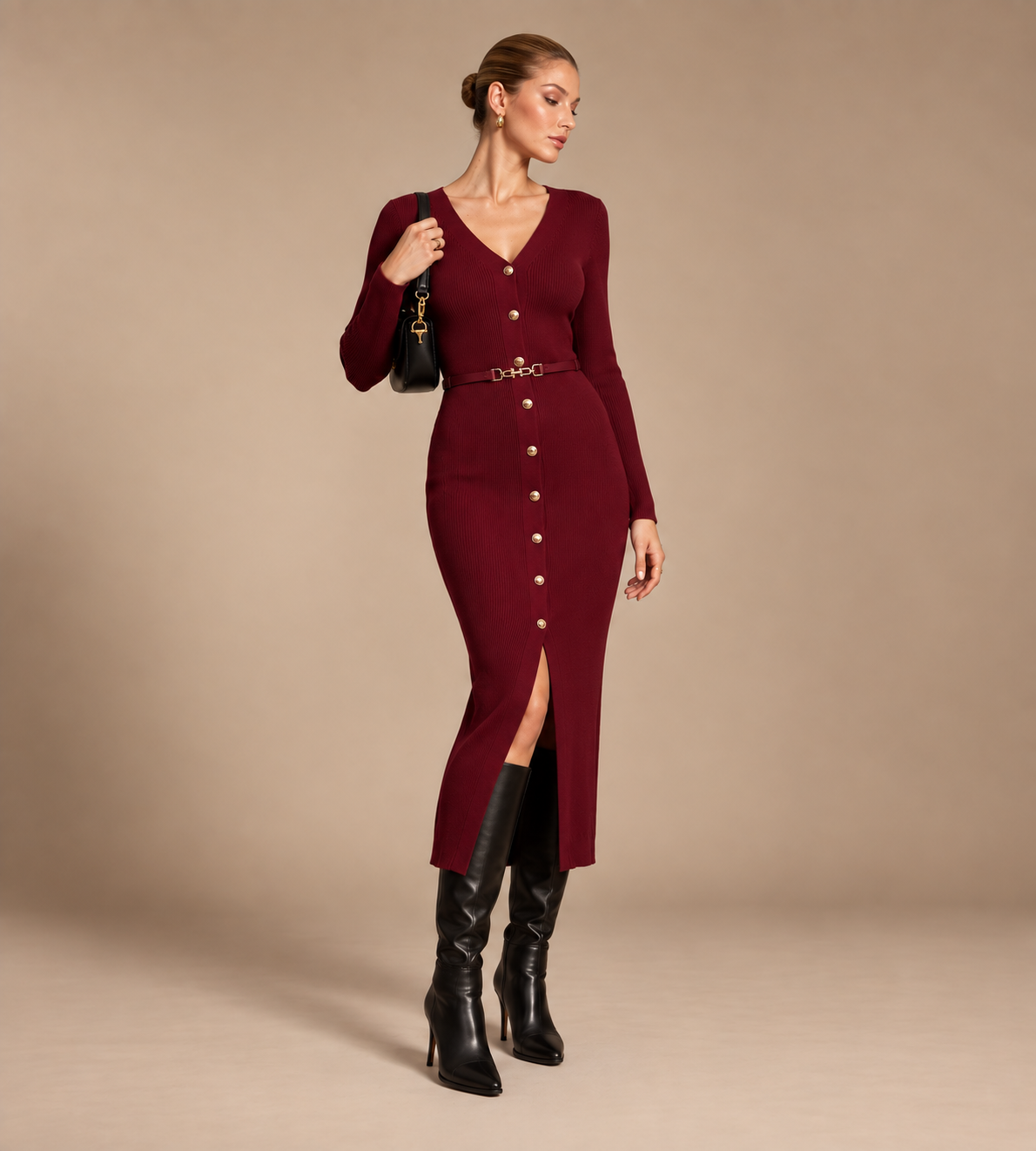 Isolde Burgundy Ribbed Button-Front Midi Dress