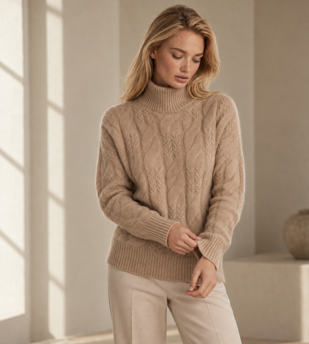 Elise Beige Cable Knit Cashmere Blend Sweater