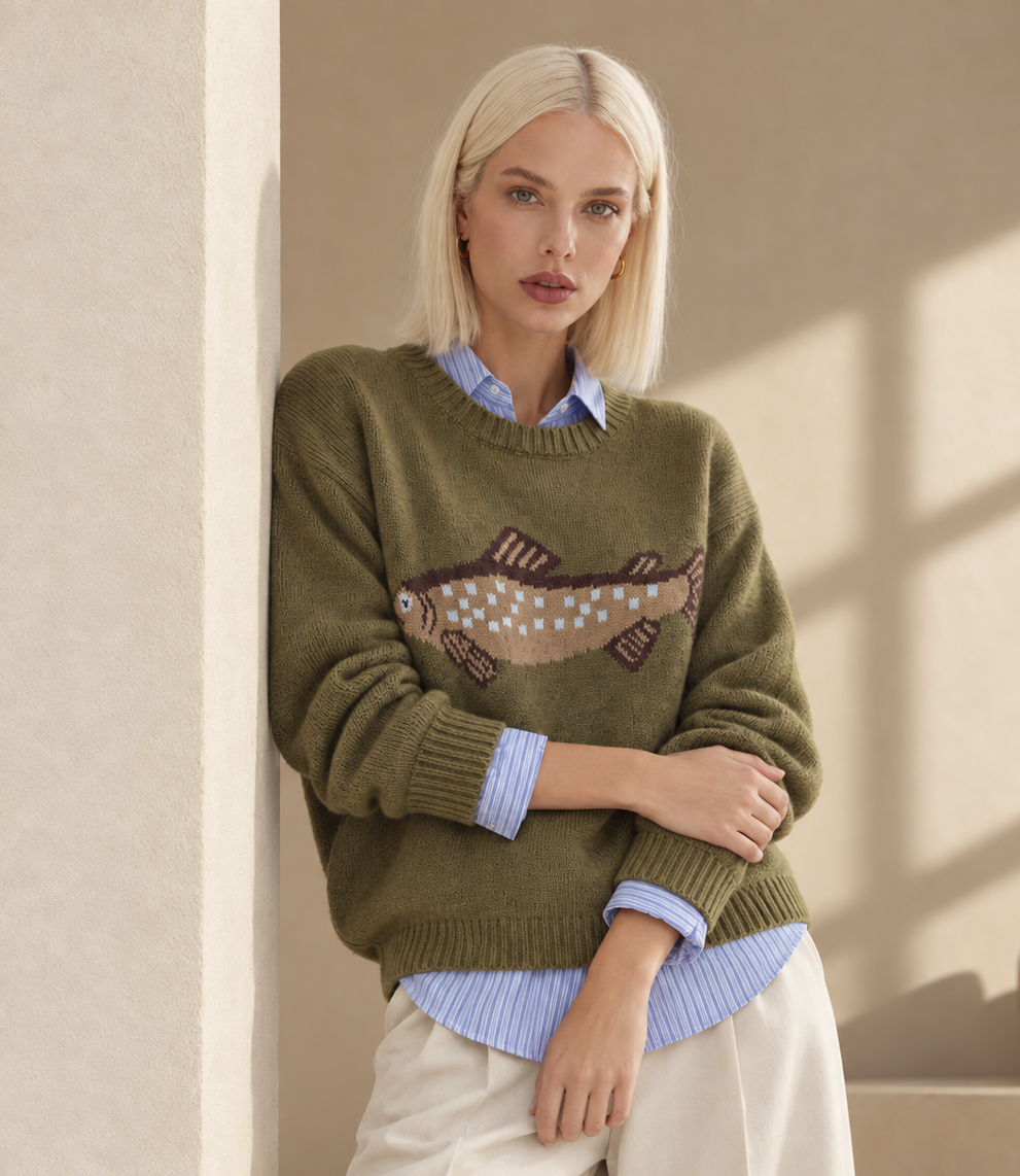 Olive Green Fish Graphic Knit Sweater
