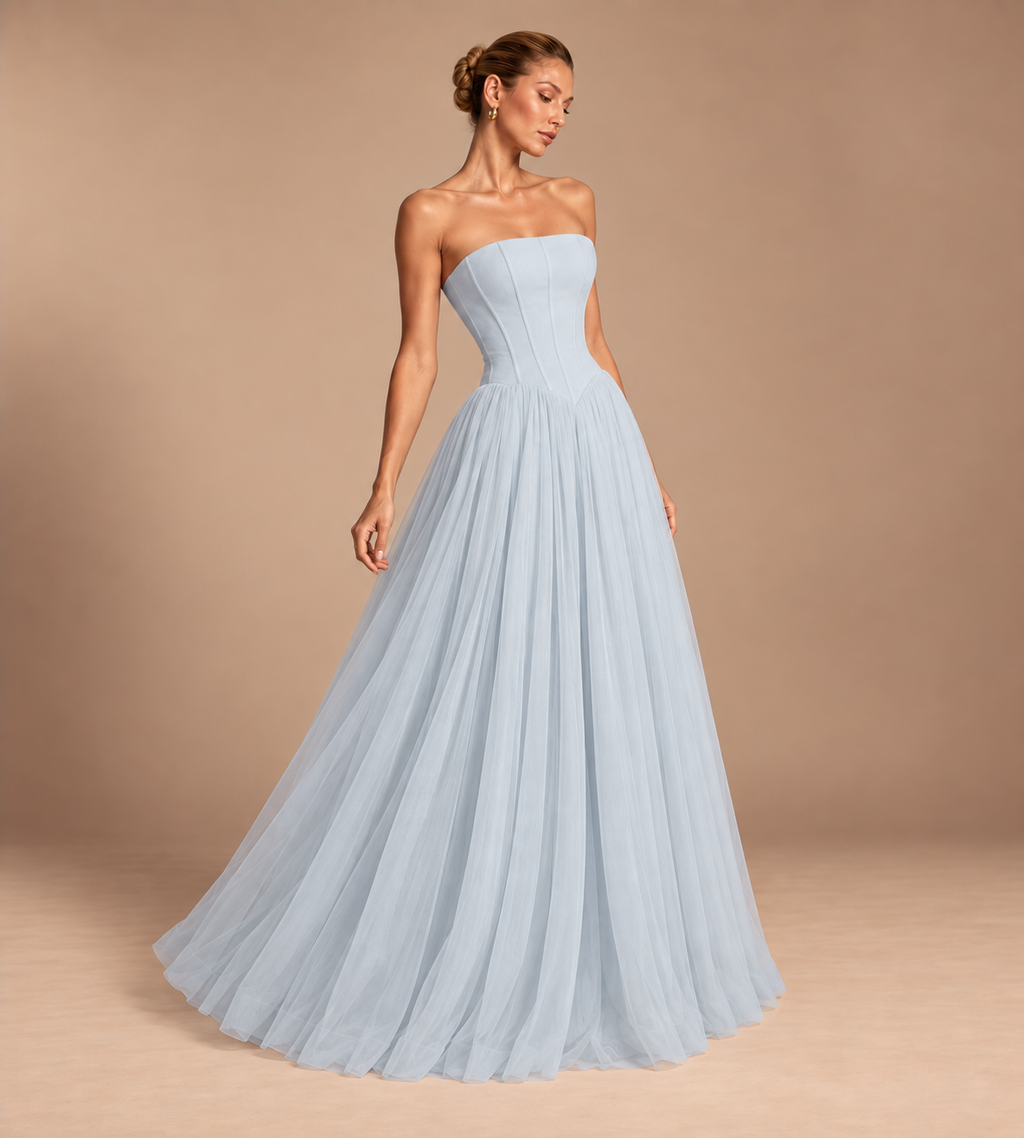 Seraphina Strapless Corset Tulle Maxi Dress - Light Blue