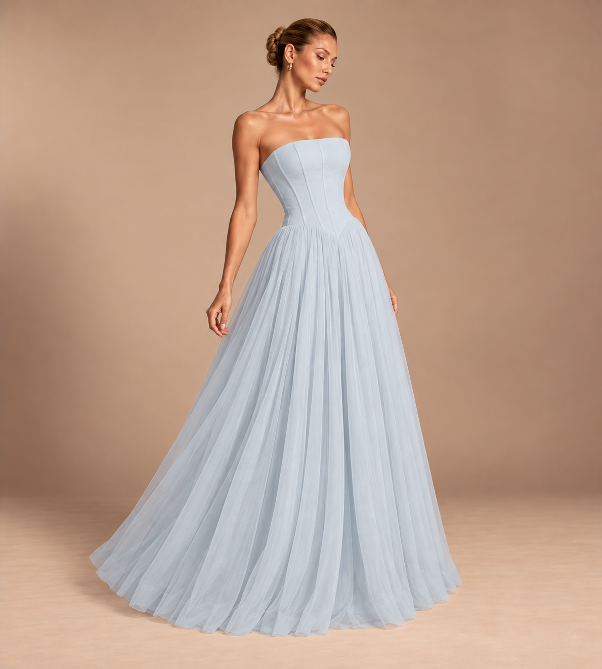 Seraphina Strapless Corset Tulle Maxi Dress - Light Blue