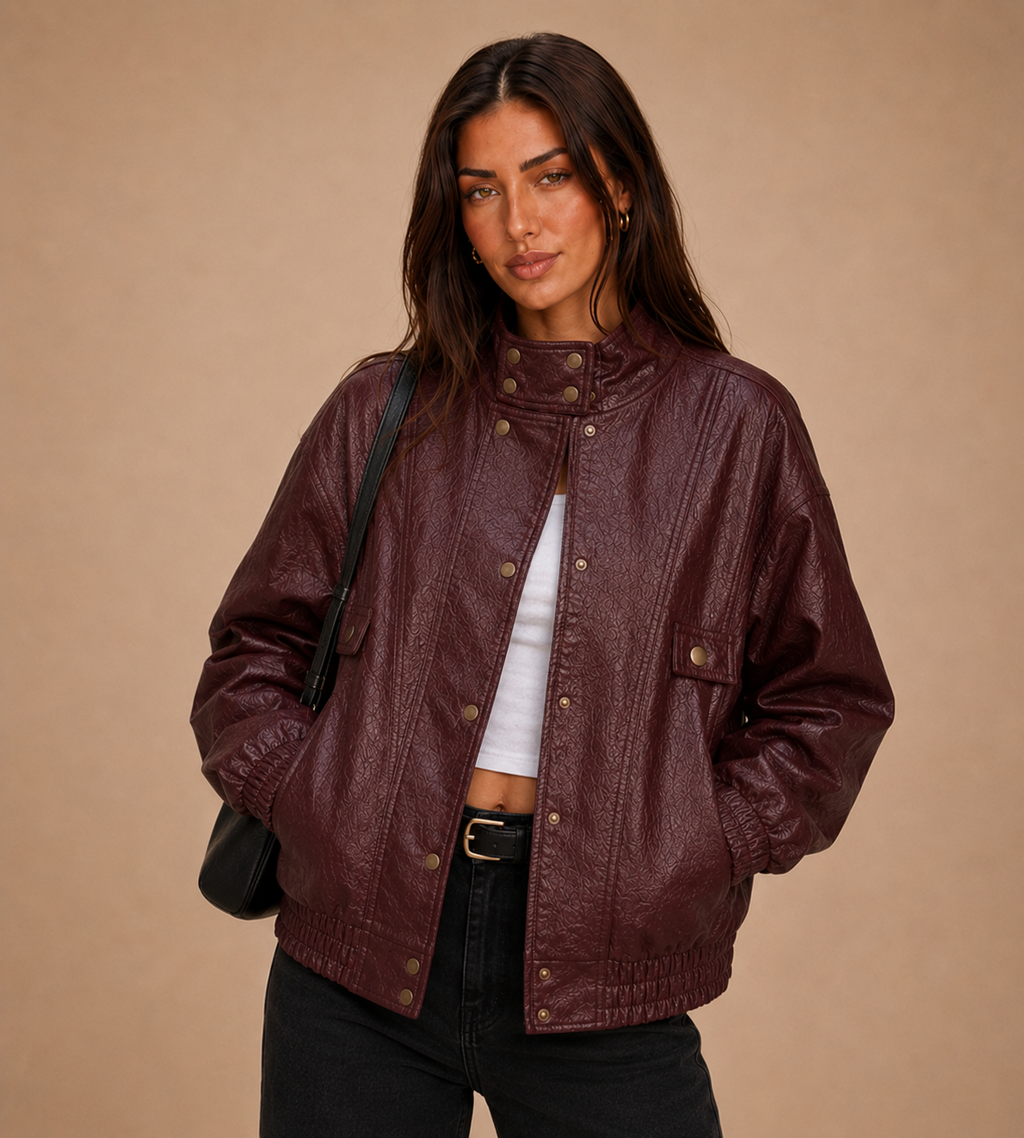 Marlowe Textured Faux Leather Bomber Jacket - Burgundy