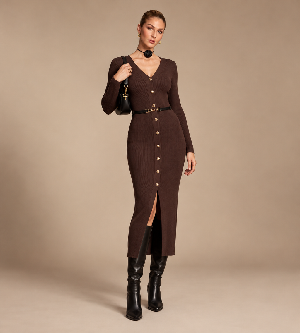 Isolde Chocolate Brown Ribbed Button-Front Midi Dress