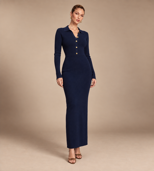 Arielle Navy Ribbed Knit Polo Maxi Dress