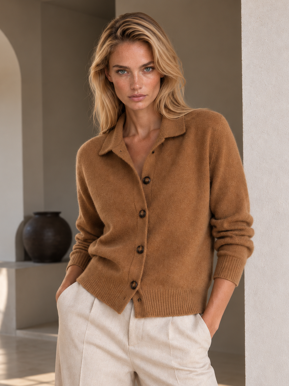 Clara Camel Cashmere Blend Button Cardigan